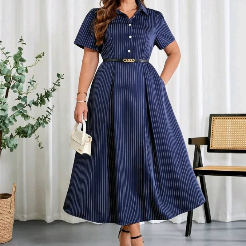 Pinstripe Belted Midi Dress