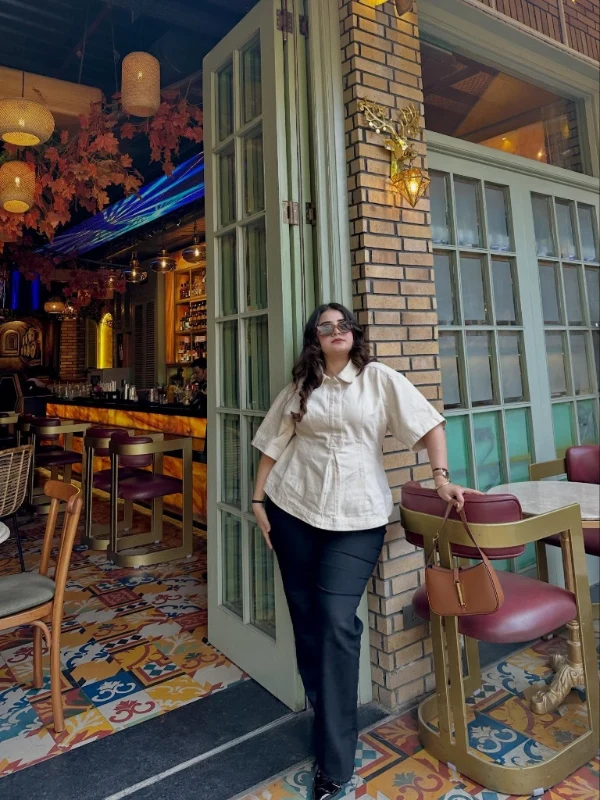 Peplum Button Down and Black Trousers