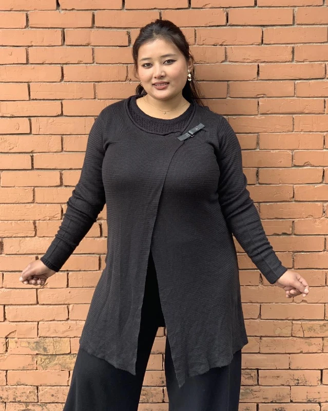 Asymmetric Cardigan and Black Trousers