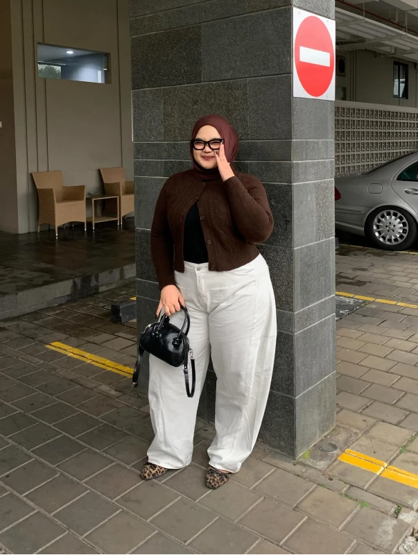 Brown Cardigan and White Wide Leg Trousers