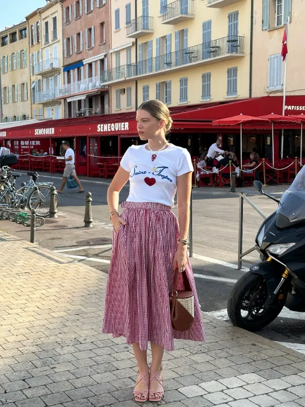 High-Waisted Gingham Skirt and Graphic Tee