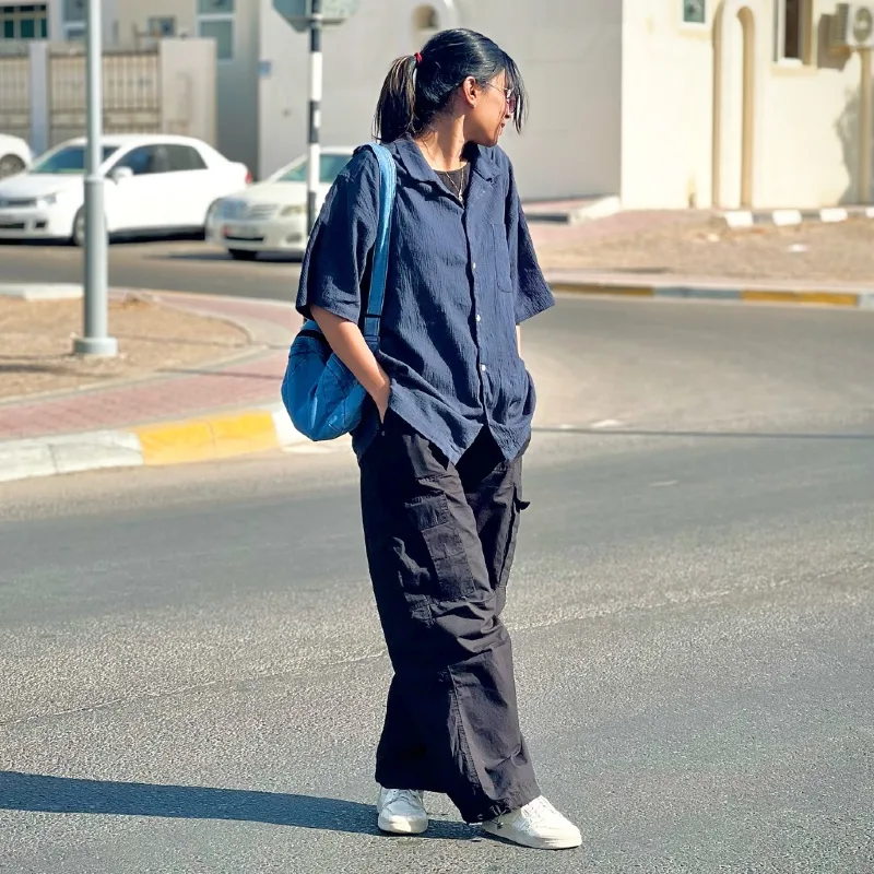 Loose Navy Button Up and Cargo Pants