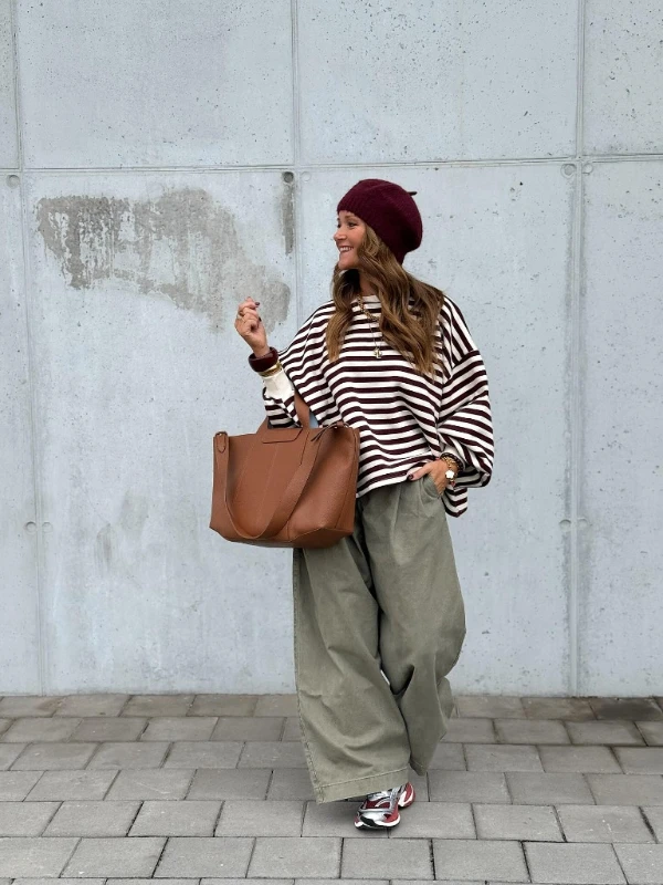 Striped Poncho Top and Balloon Trousers