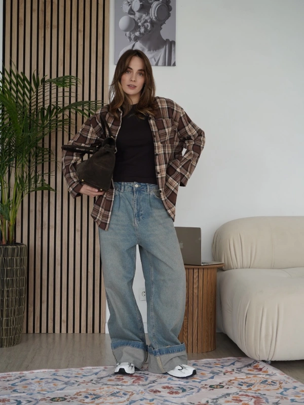 Plaid Flannel Layer and Oversized Denim