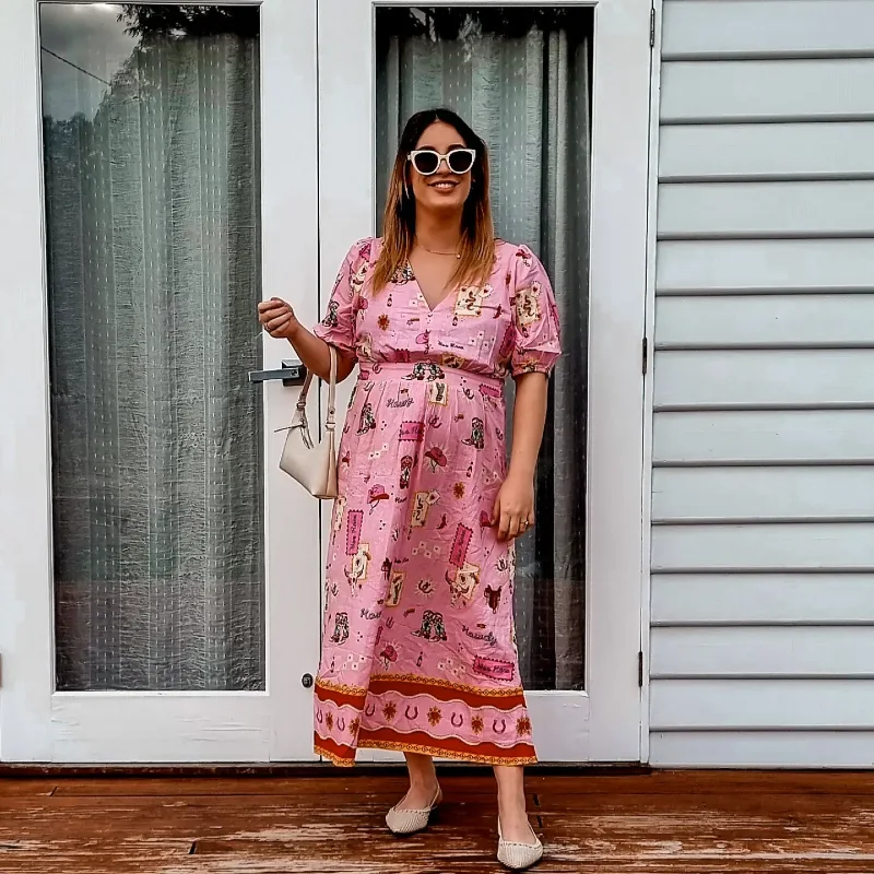 Patterned Pink Midi Dress