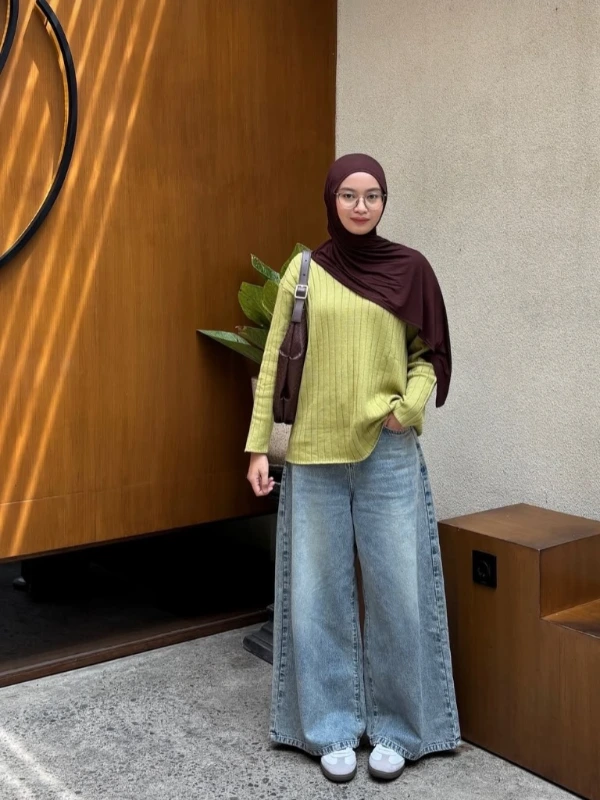 Lime Knit and Wide Leg Denim