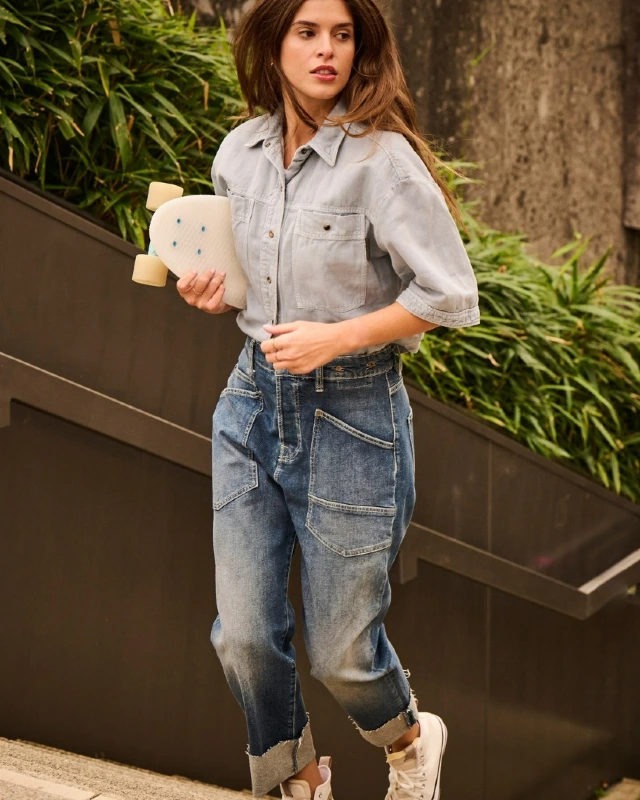 Short Sleeve Denim Shirt and Patchwork Jeans