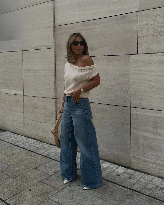 Off Shoulder Knit and Wide Leg Denim