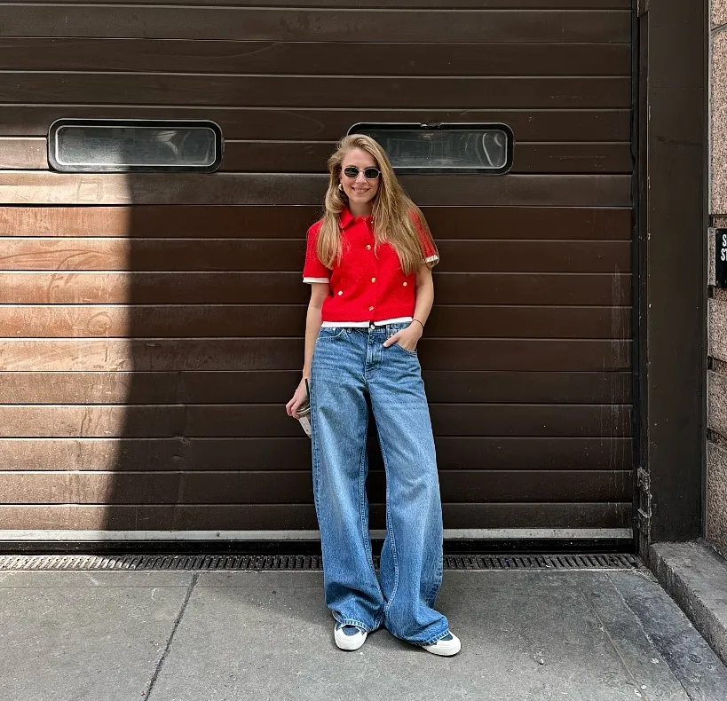 Red Knit Polo and Wide Leg Jeans