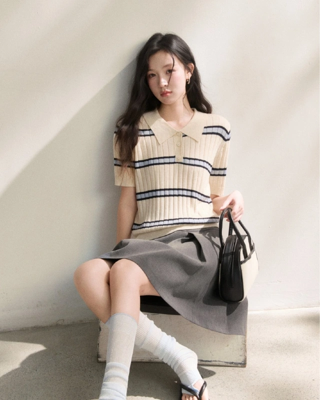 Striped Knit Polo and Flared Skirt