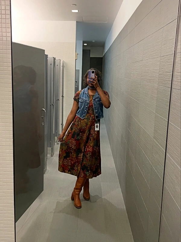 Printed Midi Dress and Denim Vest