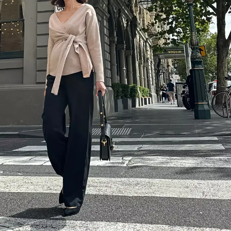 Beige Wrap Top and Black Slacks