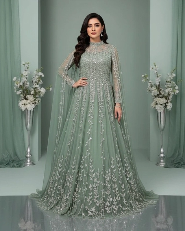 Sage Green Embroidered Gown