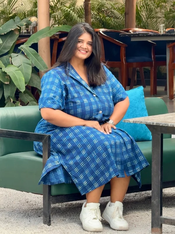 Blue Plaid Button Down Midi Dress