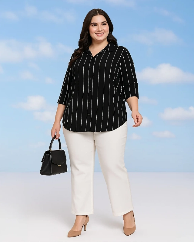 Vertical Striped Blouse and White Trousers