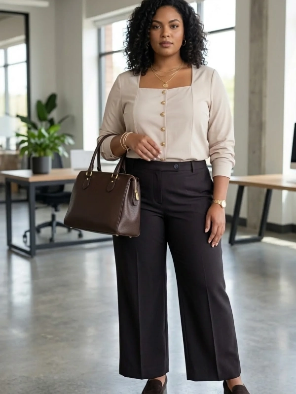 Square Neck Buttoned Blouse and Dark Trousers