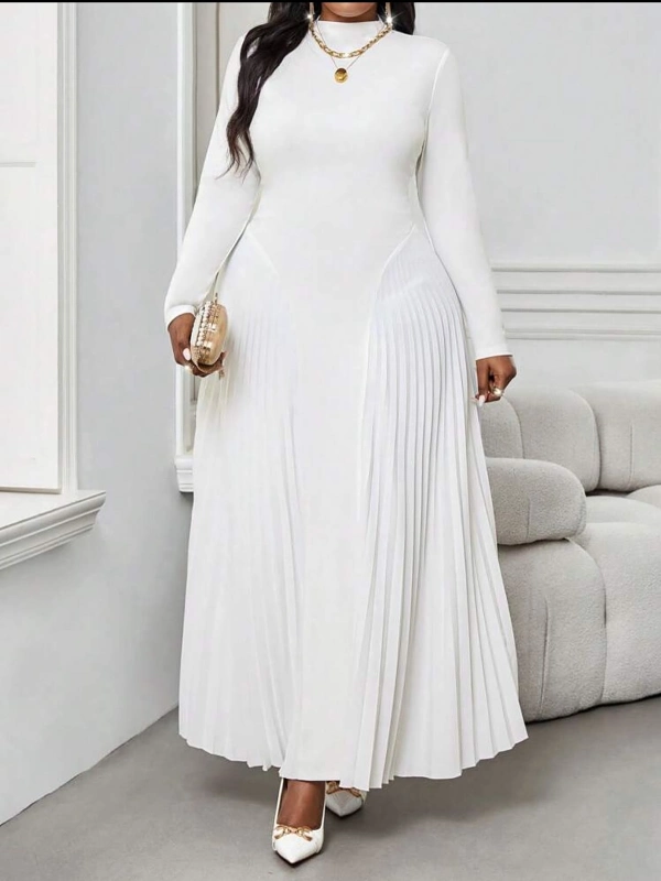 White Mock Neck Pleated Maxi Dress