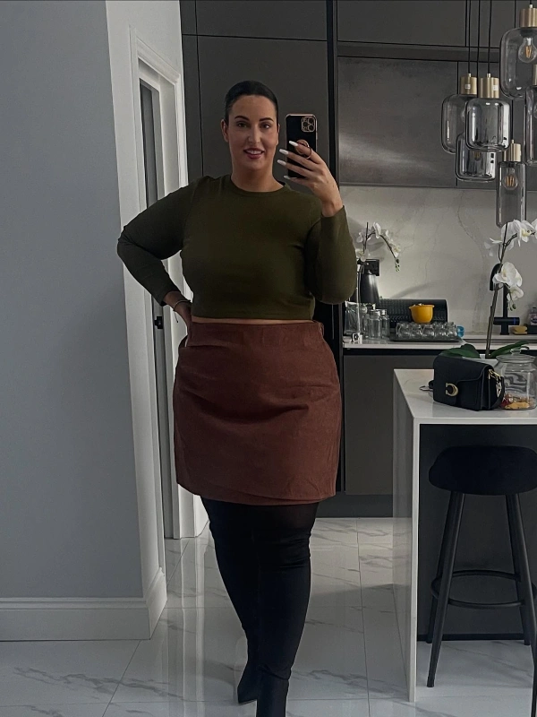 Olive Knit Top and Russet Mini Skirt