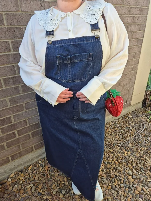 Denim Pinafore Dress and Lace Collar Blouse