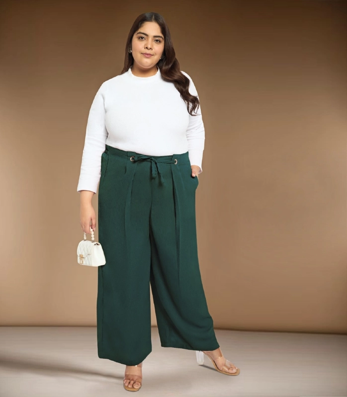 White Long Sleeve Top and Forest Green Eyelet Trousers