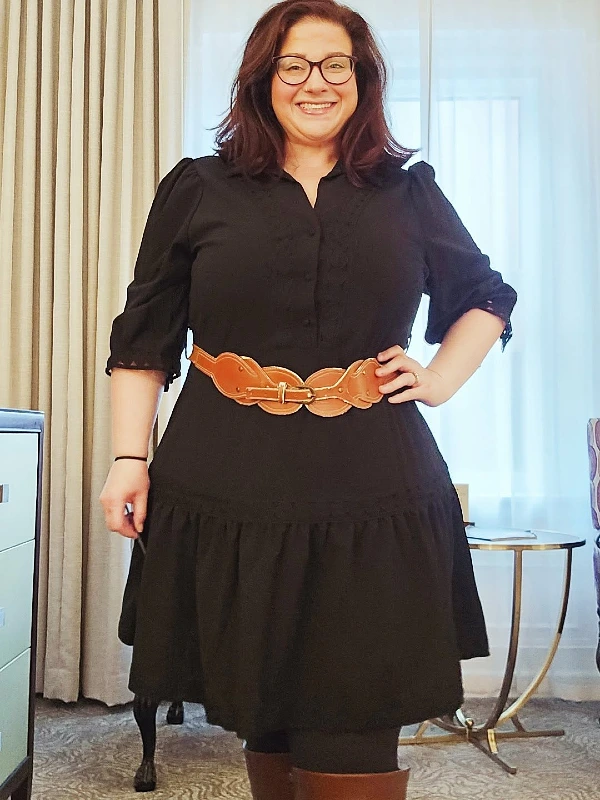 Belted Black Drop Waist Dress