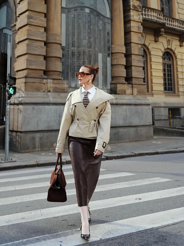 Short Trench and Textured Leather Skirt