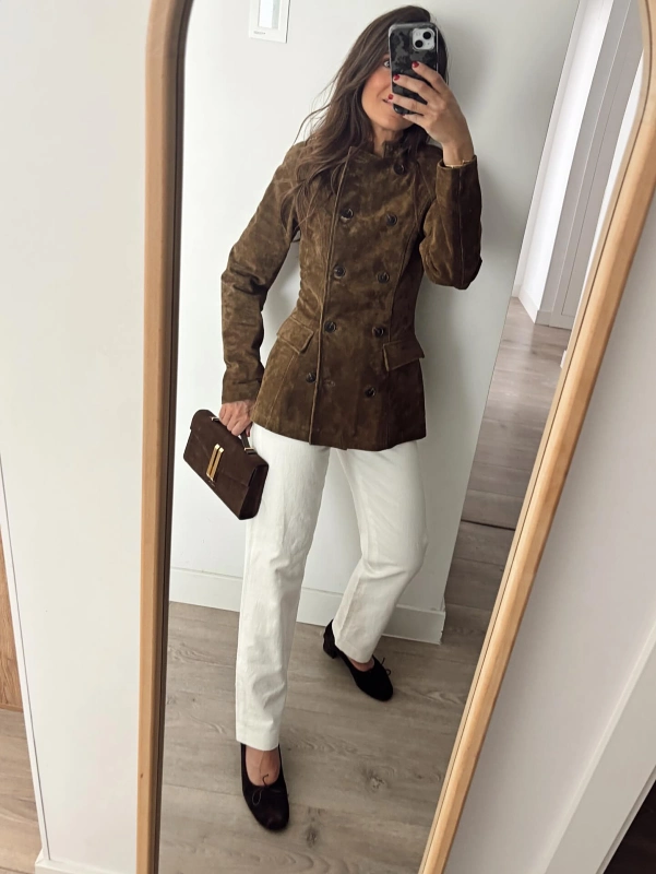 Suede Double Breasted Jacket and White Trousers