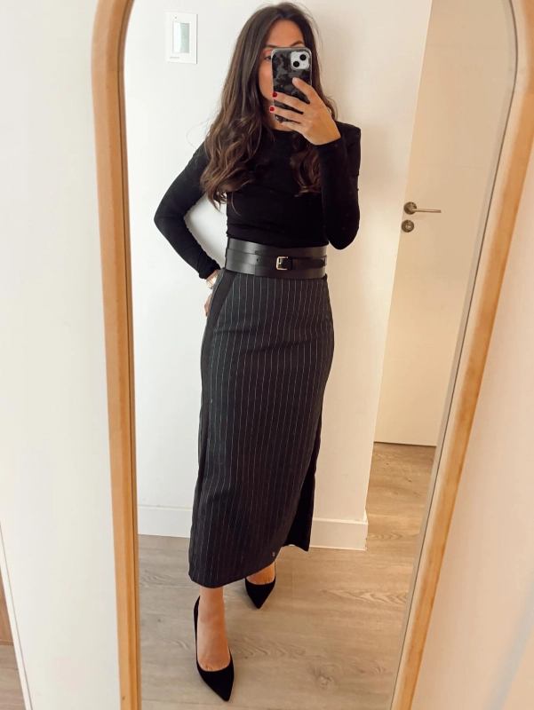 Fitted Bodysuit and Pinstripe Maxi Skirt