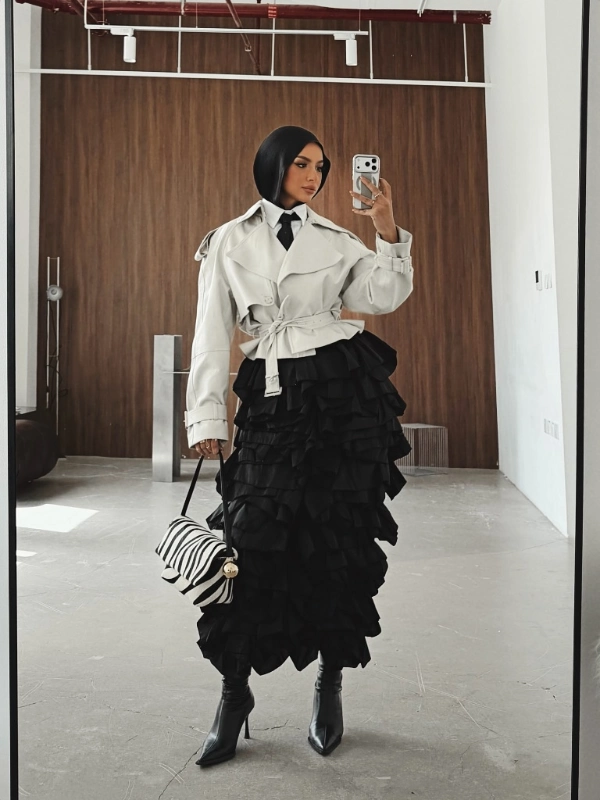 Cropped Leather Trench and Ruffled Maxi Skirt