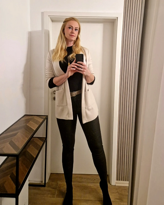 Cream Cardigan and Coated Skinny Jeans