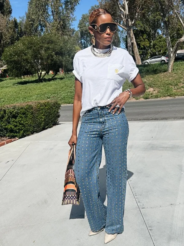 Embellished Denim and White Pocket Tee