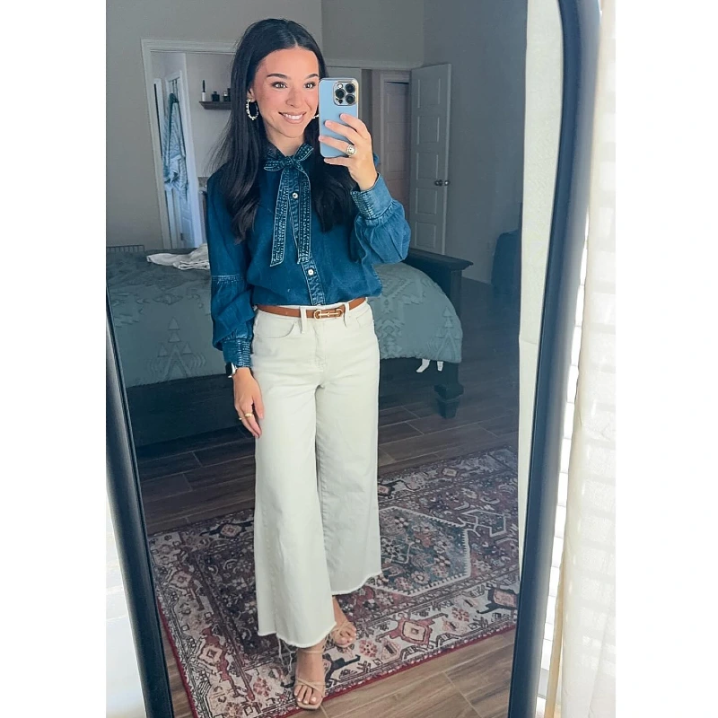 Denim Bow Blouse and Cream Trousers