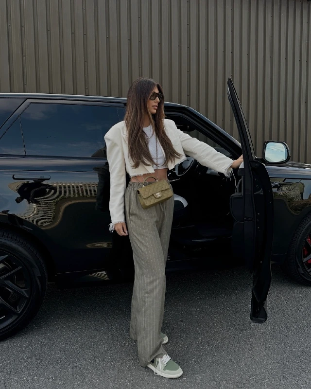 Cropped Raw Hem Blazer and Pinstripe Trousers