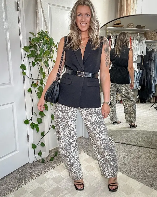 Belted Sleeveless Blazer and Animal Print Pants
