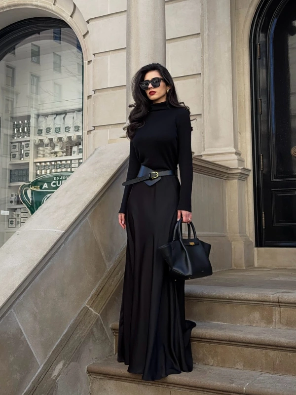 Mock Neck Knit and Satin Maxi Skirt