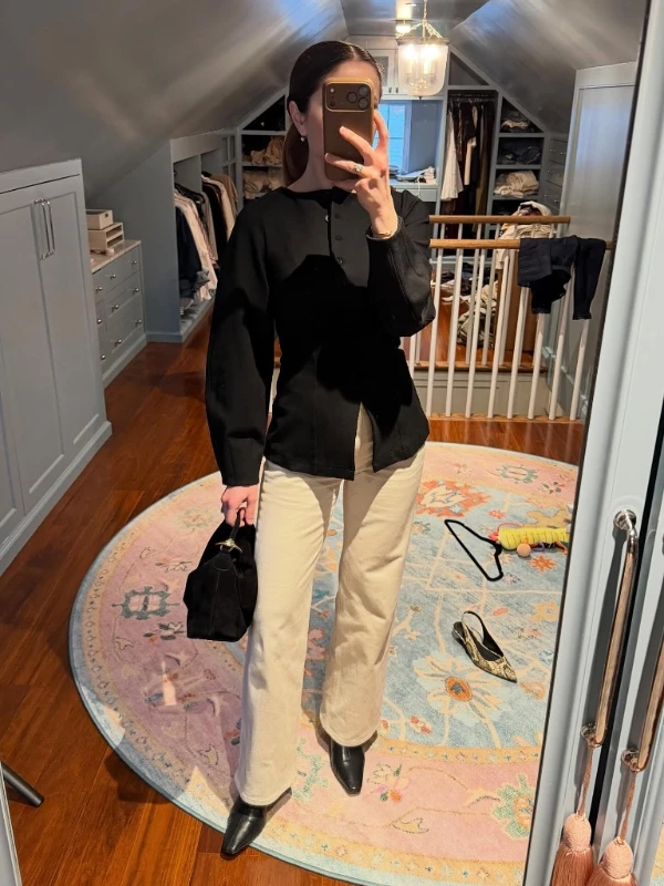 Fitted Black Cardigan and Cream Trousers