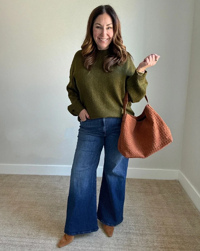 Olive Crewneck Sweater and Wide Leg Jeans
