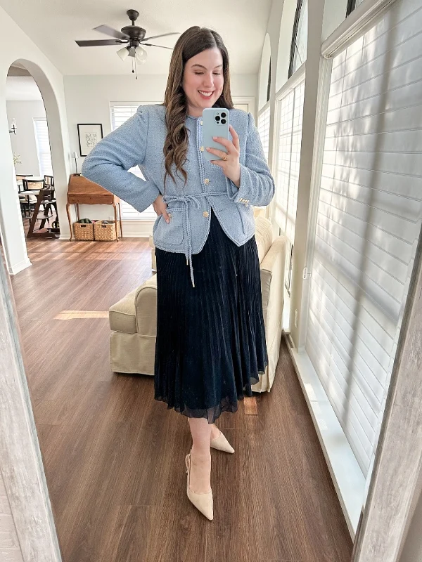 Tied Tweed Jacket and Pleated Midi Skirt