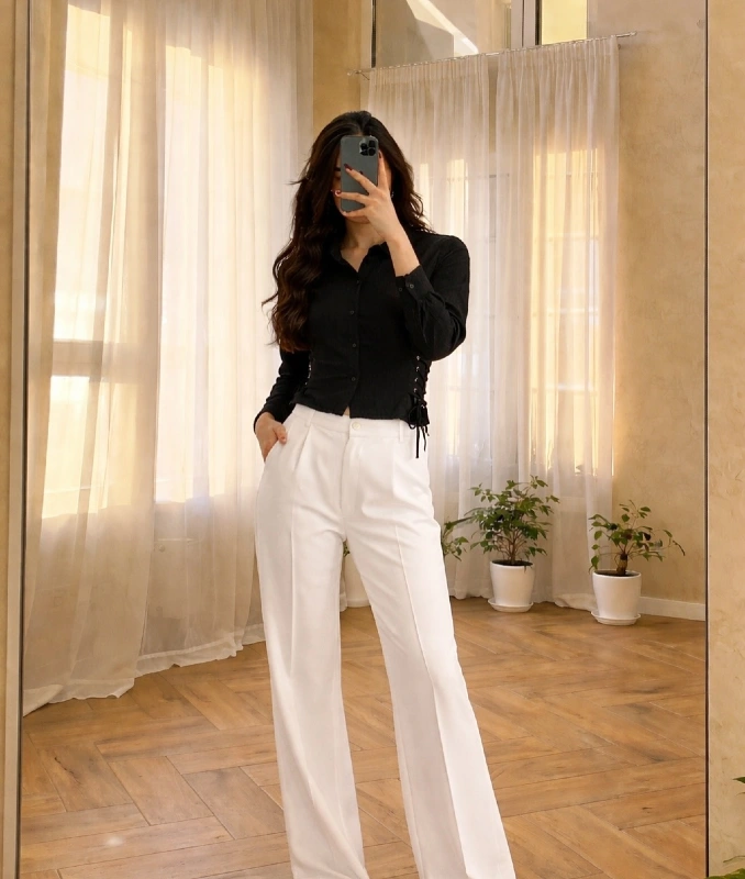 Side-Lace Blouse and White Wide Leg Pants