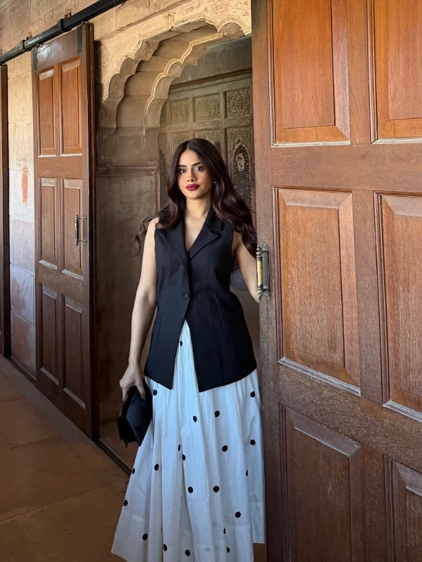 Black Vest and Polka Dot Maxi Skirt