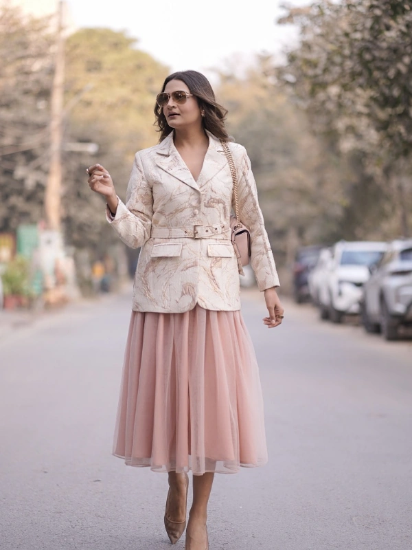  Jacquard Belted Blazer and Tulle Skirt
