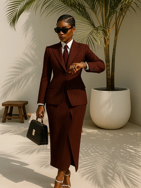 Burgundy Pinstripe Skirt Suit