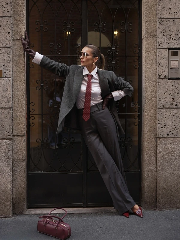 Charcoal Wool Separates with Red Tie