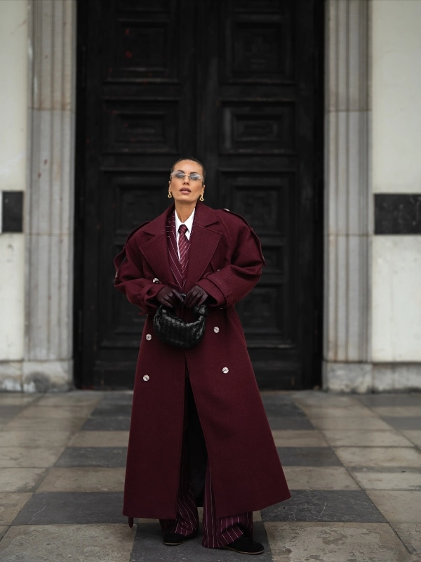 Oversized Burgundy Trench and Striped Suit