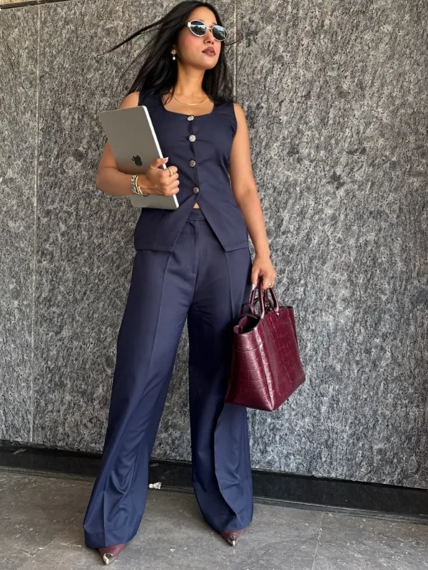 Navy Longline Vest and Wide Leg Trousers