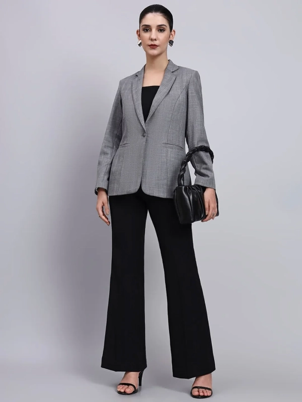 Grey Textured Blazer and Flared Trousers