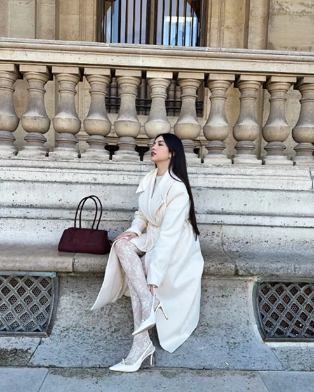 Cream Wrap Coat and Lace Tights