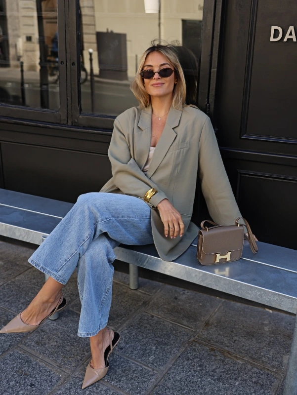 Sage Oversized Blazer and Light Wash Denim