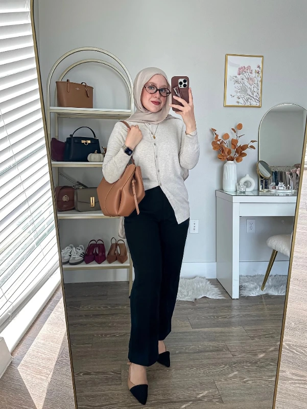 Buttoned Cardigan and Black Trousers