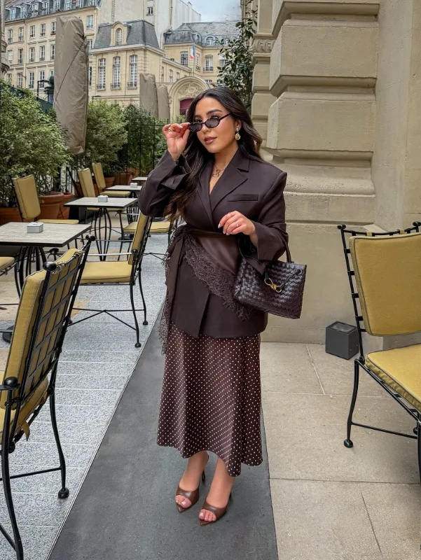 Chocolate Blazer and Polka Dot Midi Skirt